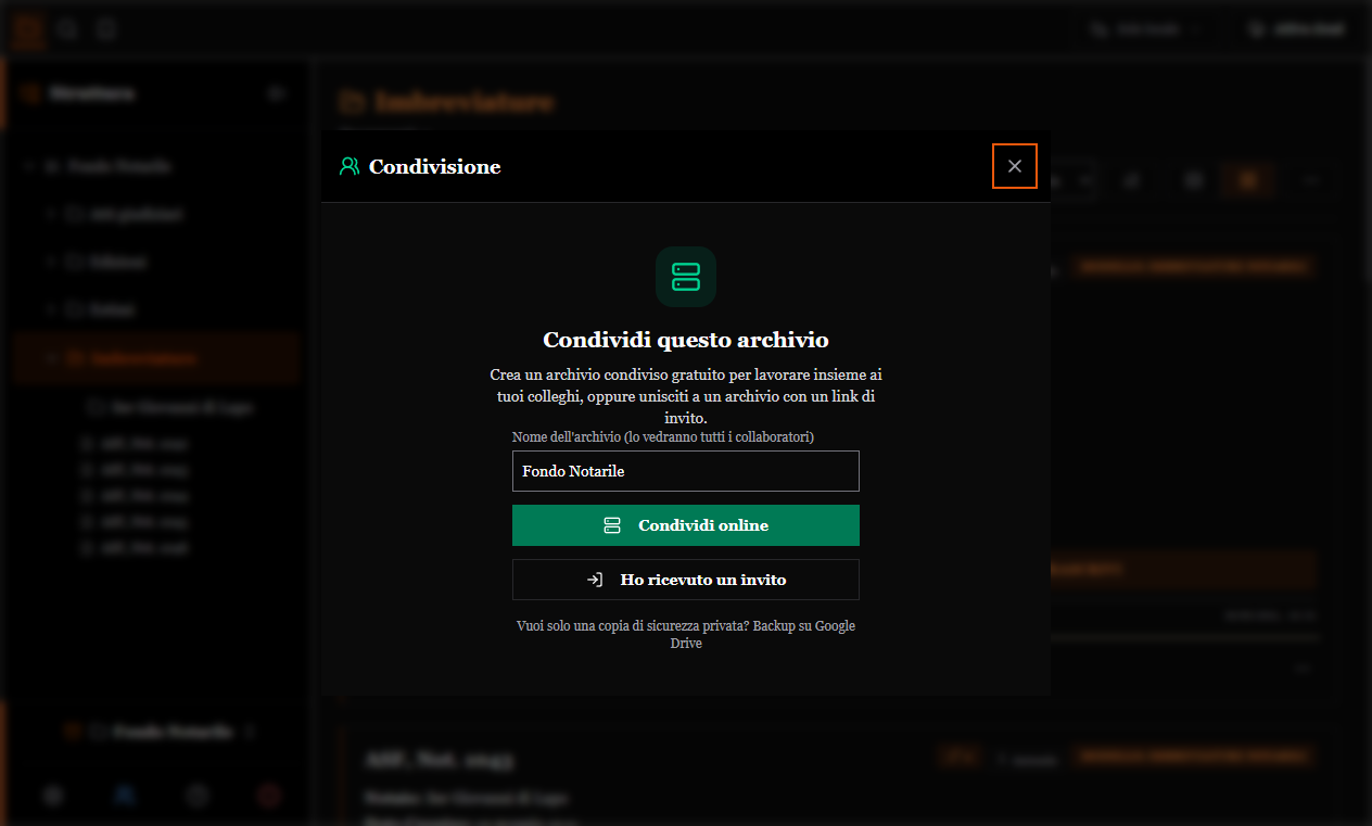 La finestra di condivisione, con la creazione dell'archivio comune e l'ingresso tramite invito