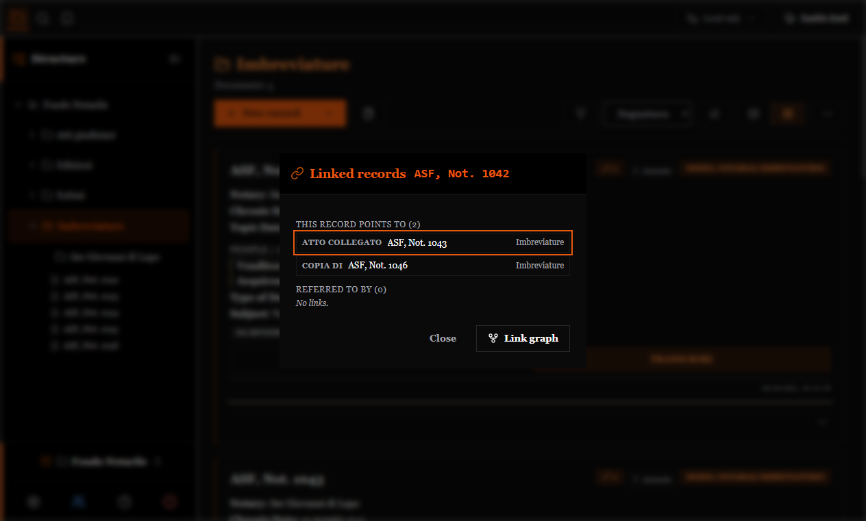 The linked records panel, with outgoing and incoming references