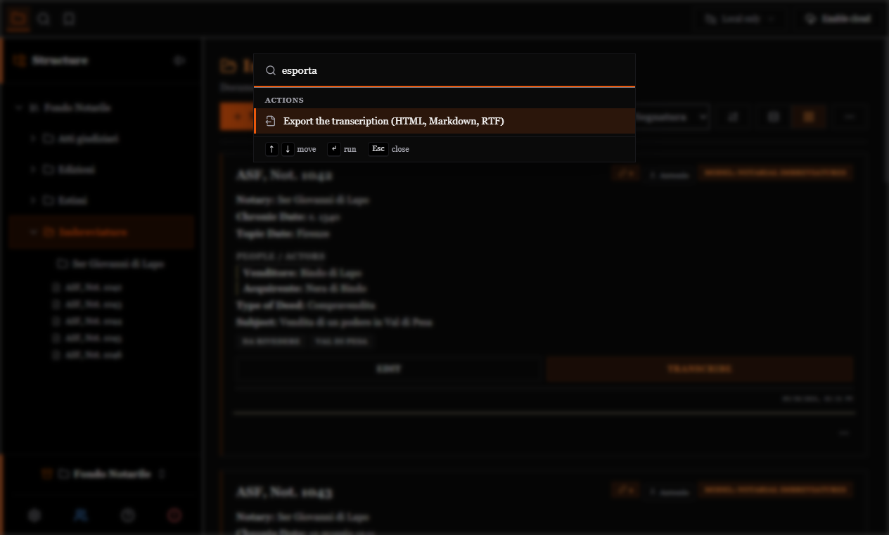 The command palette open with "export" typed and the matching commands