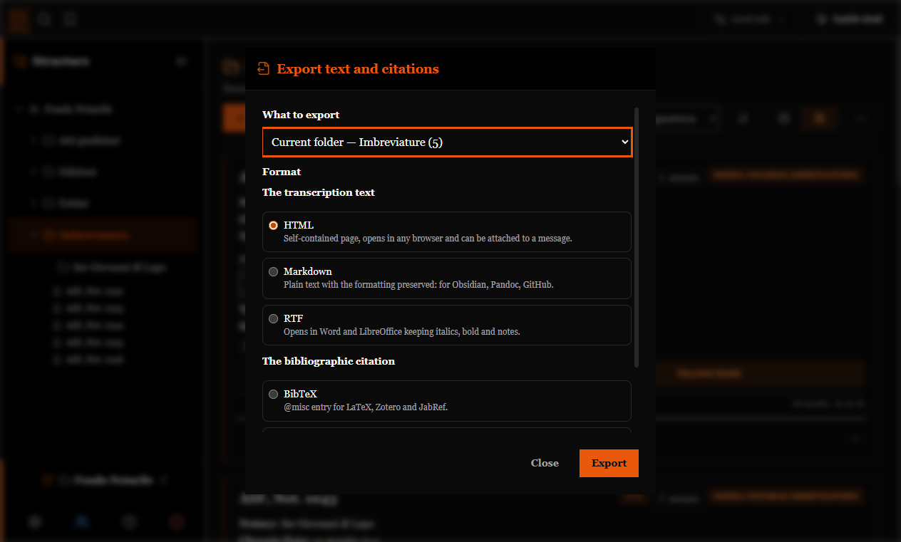 The export window with the choice of scope and of the five formats