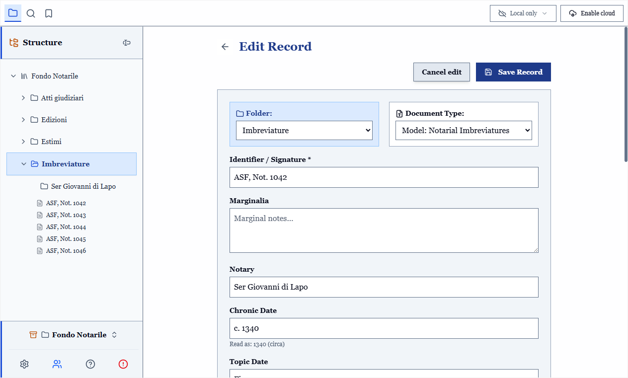 The record form, with archive, document type, shelfmark and the fields of the model