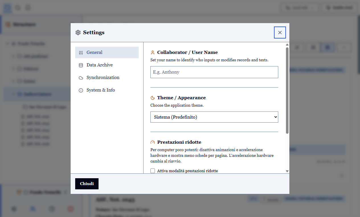 The settings window, with the working folder and the other preferences