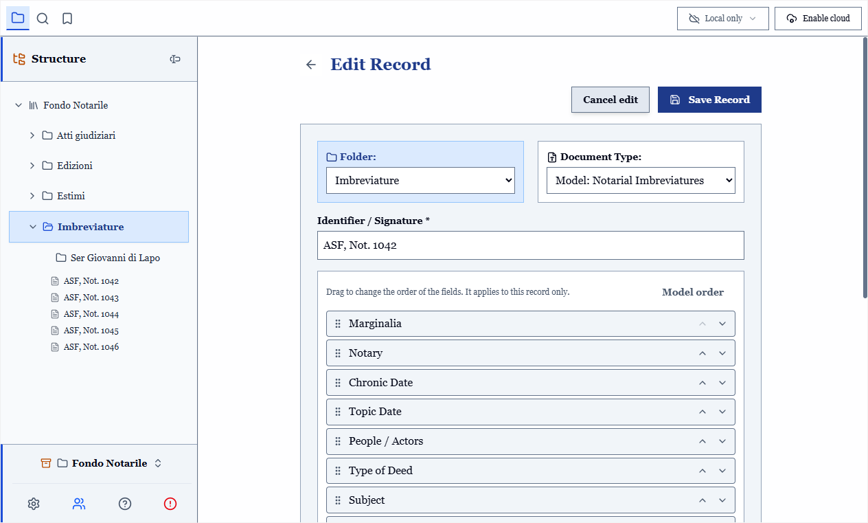 The list of fields in reordering mode, with the arrows to move them