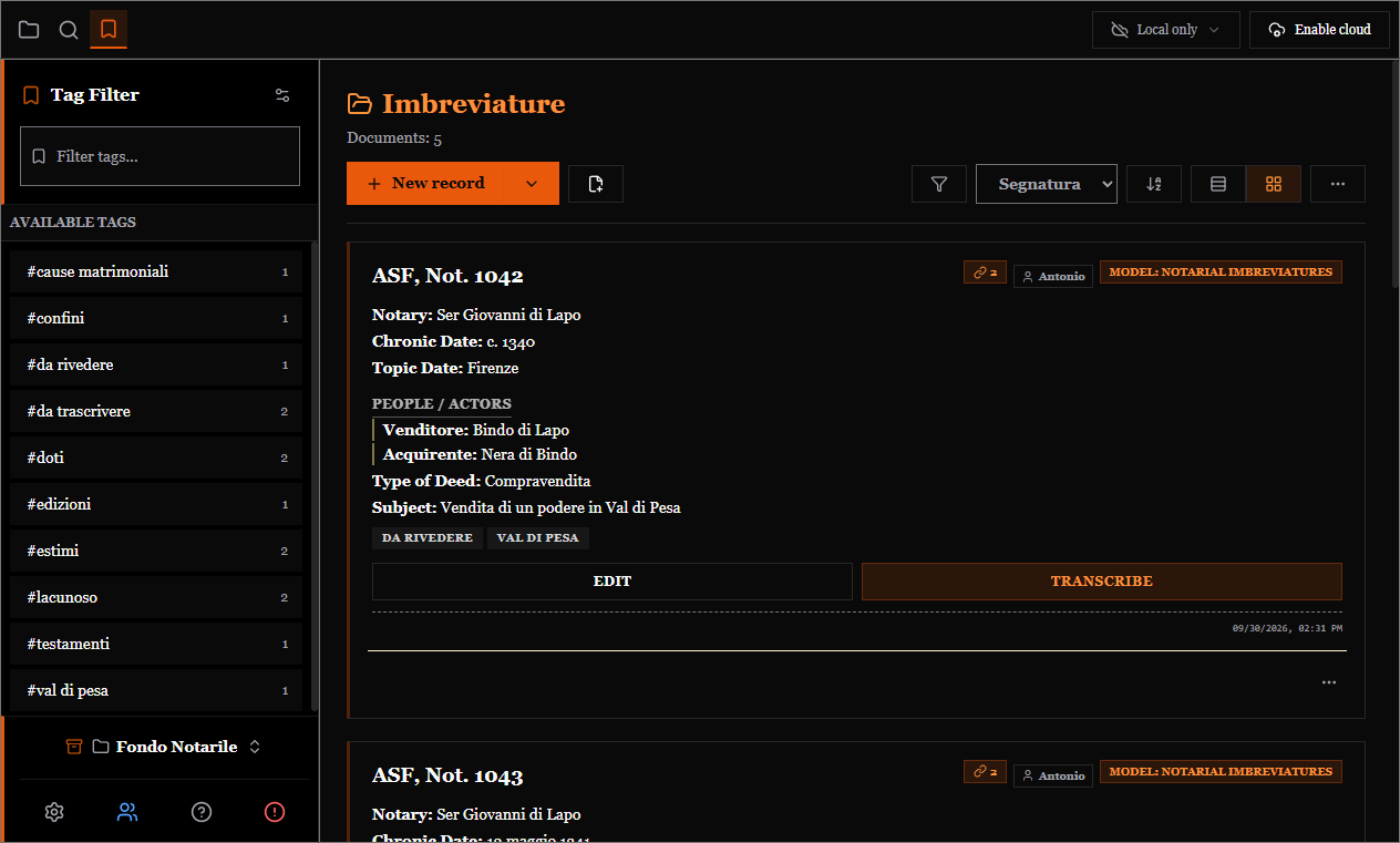 The tag panel in the sidebar, with the list of labels and their counts