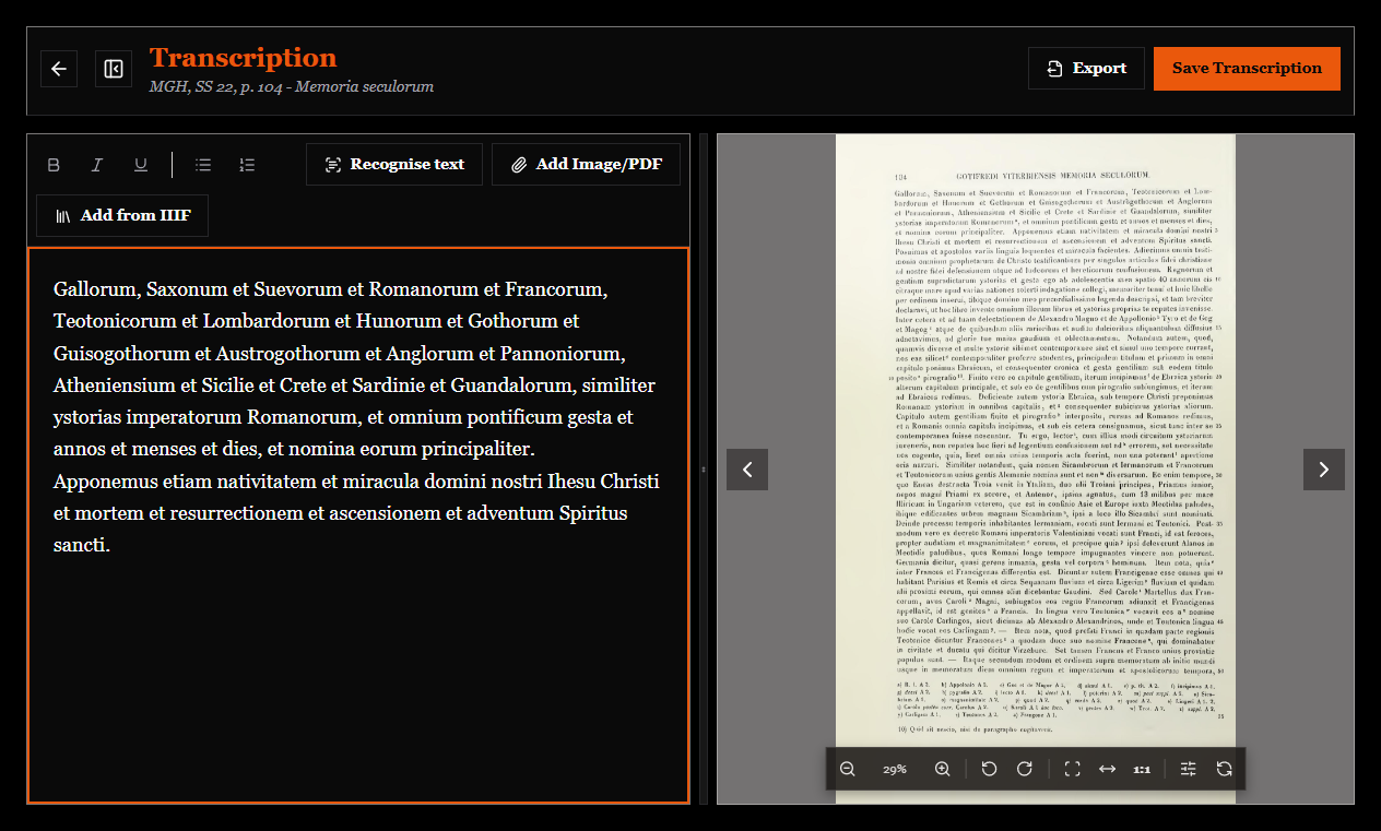 The transcription environment: editor on the left, document folio on the right