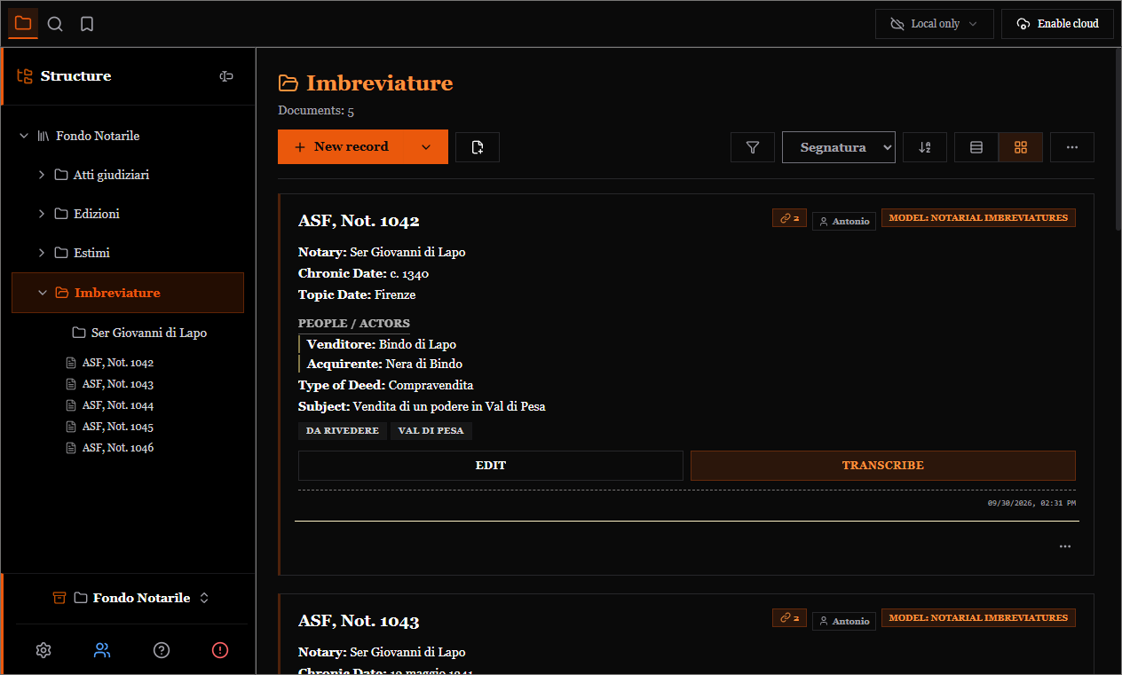 The main ArchiView window: panel bar and folder tree on the left, list of records in the centre