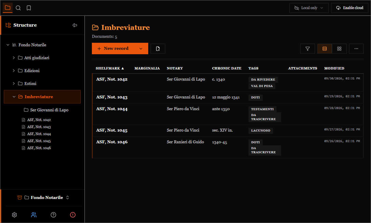 Table view with the columns shelfmark, marginalia, notary, chronic date, tags, attachments and modification date
