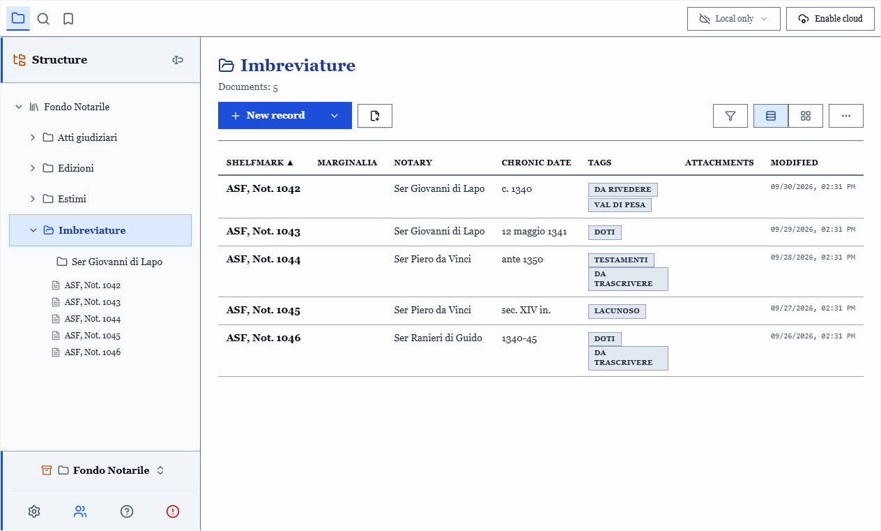 Table view with the columns shelfmark, marginalia, notary, chronic date, tags, attachments and modification date