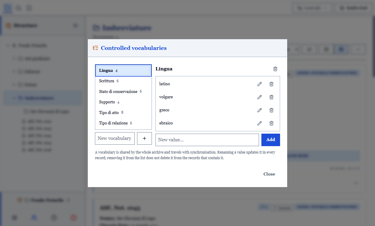 The controlled vocabularies window, with the list on the left and the values on the right