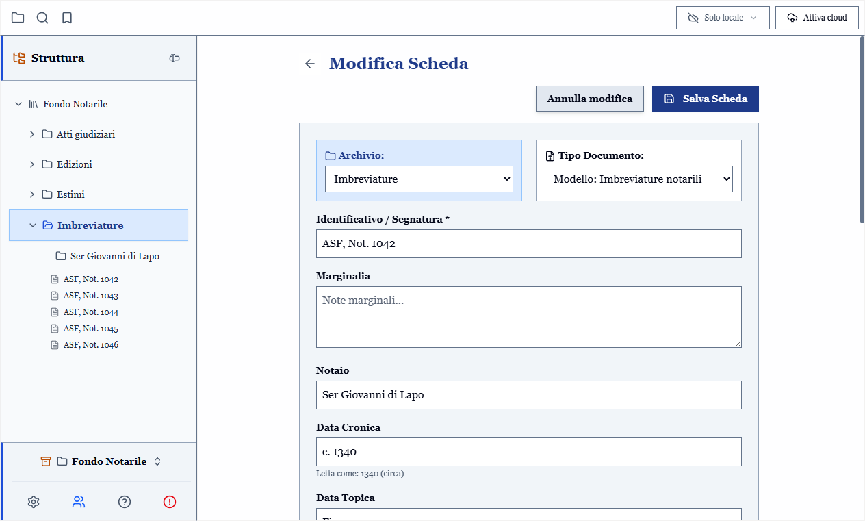 Il modulo di compilazione di una scheda, con archivio, tipo di documento, segnatura e i campi del modello