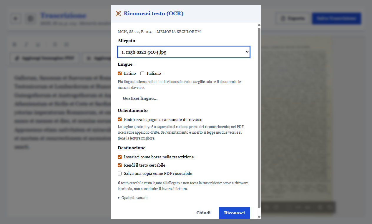 La finestra dell'OCR, con la scelta delle lingue, dell'orientamento delle pagine e della destinazione del testo