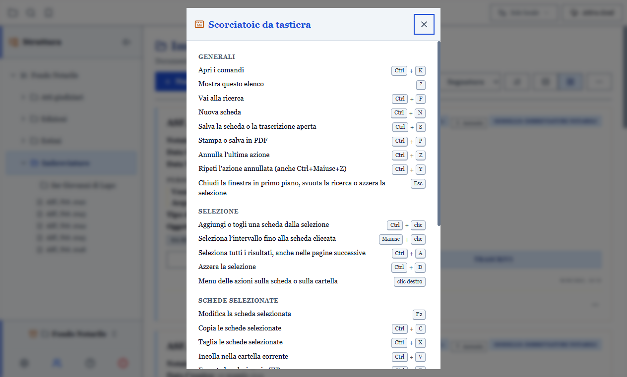 Il pannello delle scorciatoie da tastiera